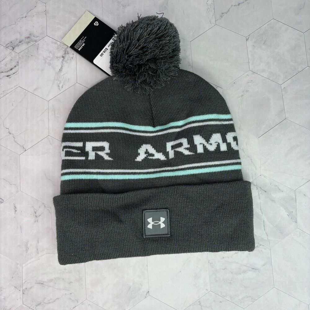 Under Armour Fleece Cuffed Knit Beanie Pom Hat Mens Grey Teal One Size New NWT